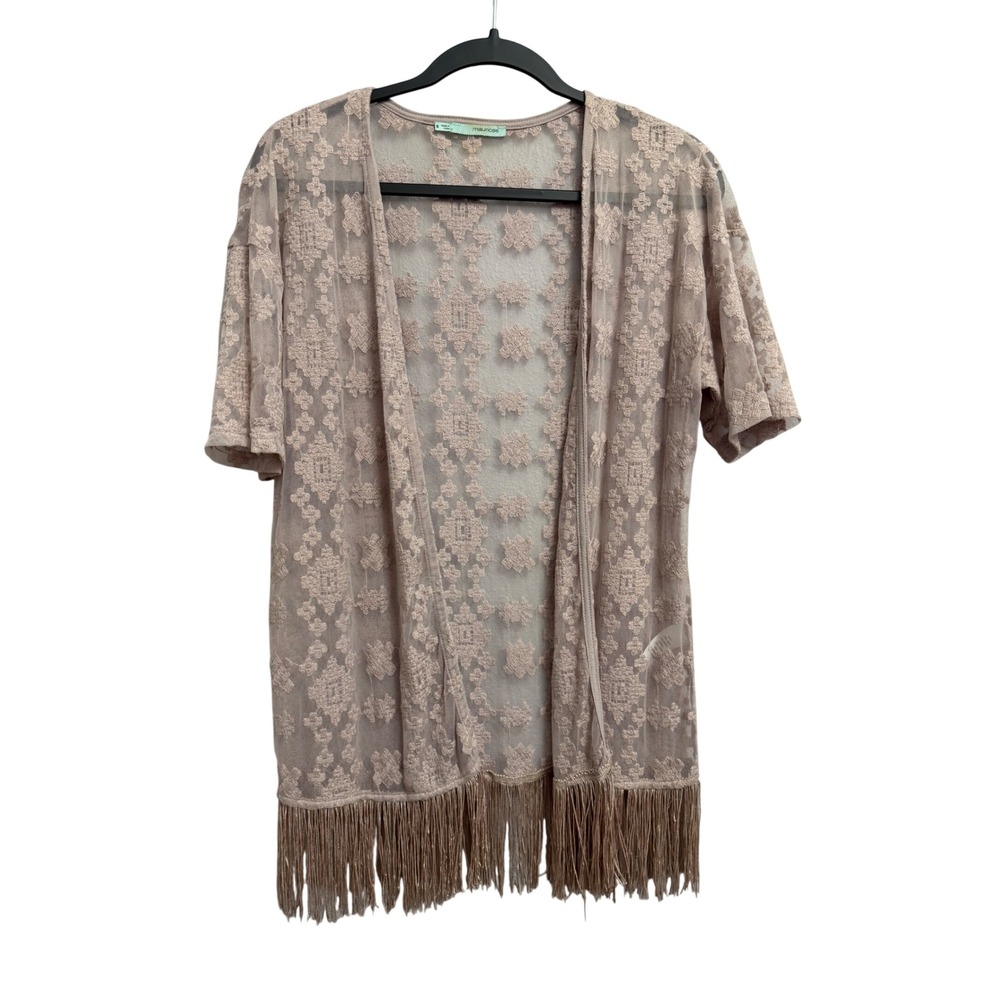 Maurices Pink Sheer Mesh Floral Embroidered Fringe Kimono Wrap Small Boho Fairy
